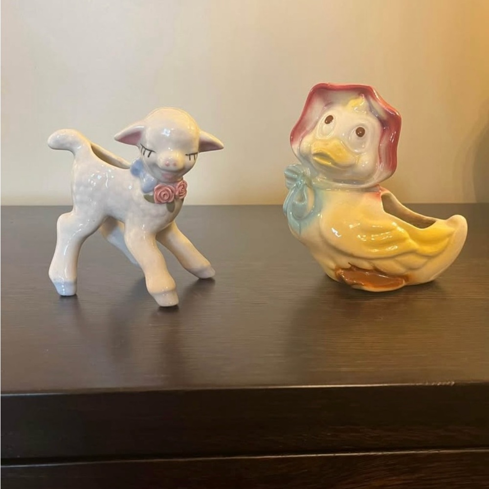 Vintage Ceramic Easter Decor Lamb Duck Planters Pot